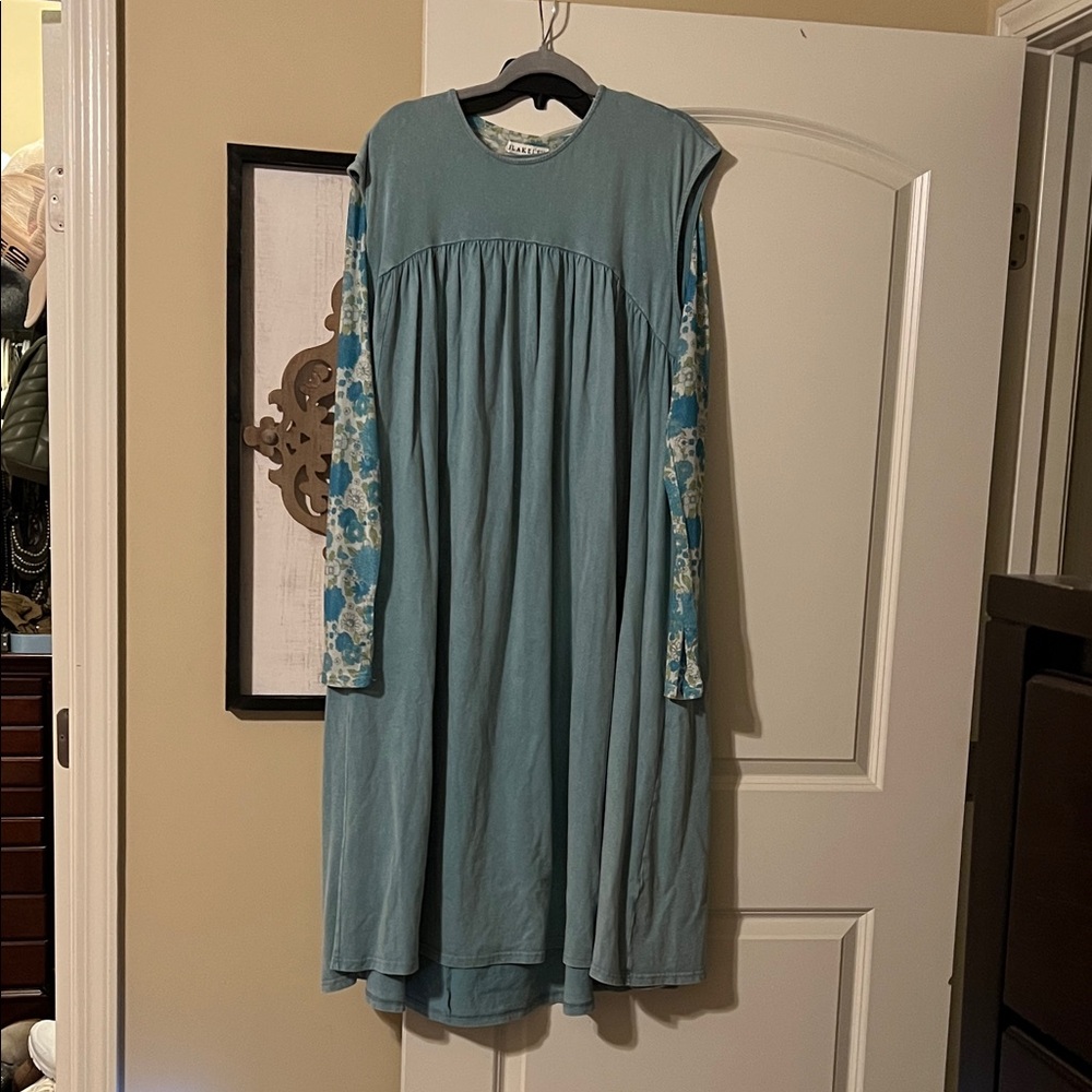 Easel Teal Long Sleeve Dress with Floral Accents.
